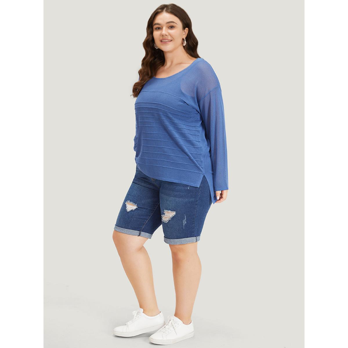 Plus Size Solid High Low Hem Drop Shoulder Split Side Pullover Cerulean Women Casual Loose Long Sleeve Round Neck Everyday Pullovers BloomChic 14-16/1X Product Image