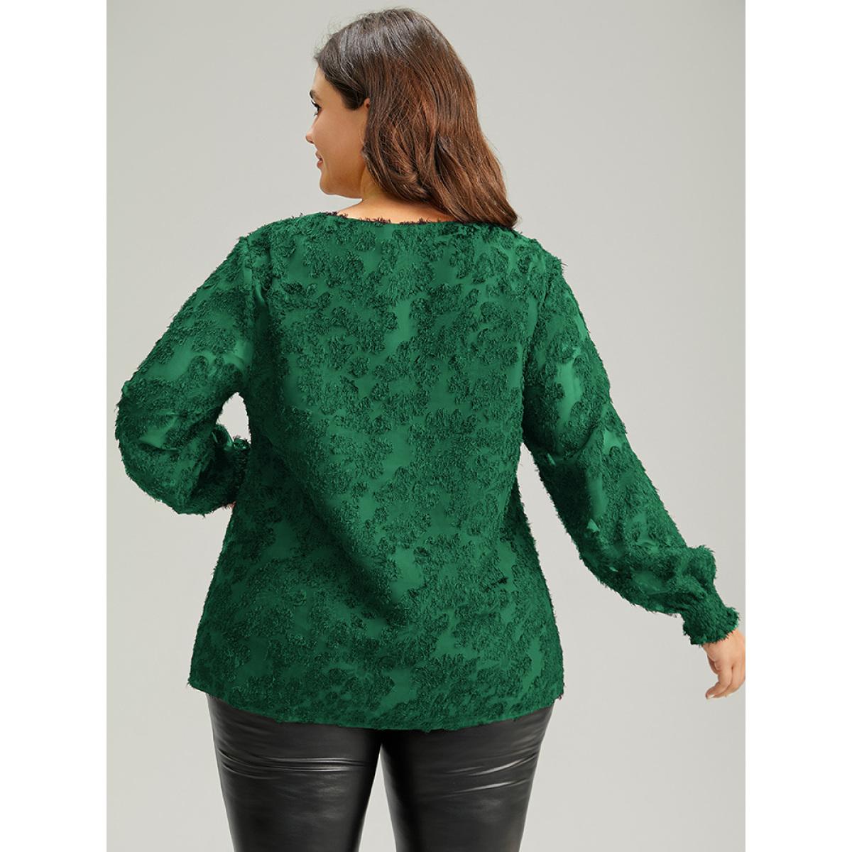 Plus Size DarkGreen Plain Appliques Mesh V Neck Shirred Blouse Women Party&Cocktail Long Sleeve V-neck Party Blouses BloomChic 14-16/1X Product Image