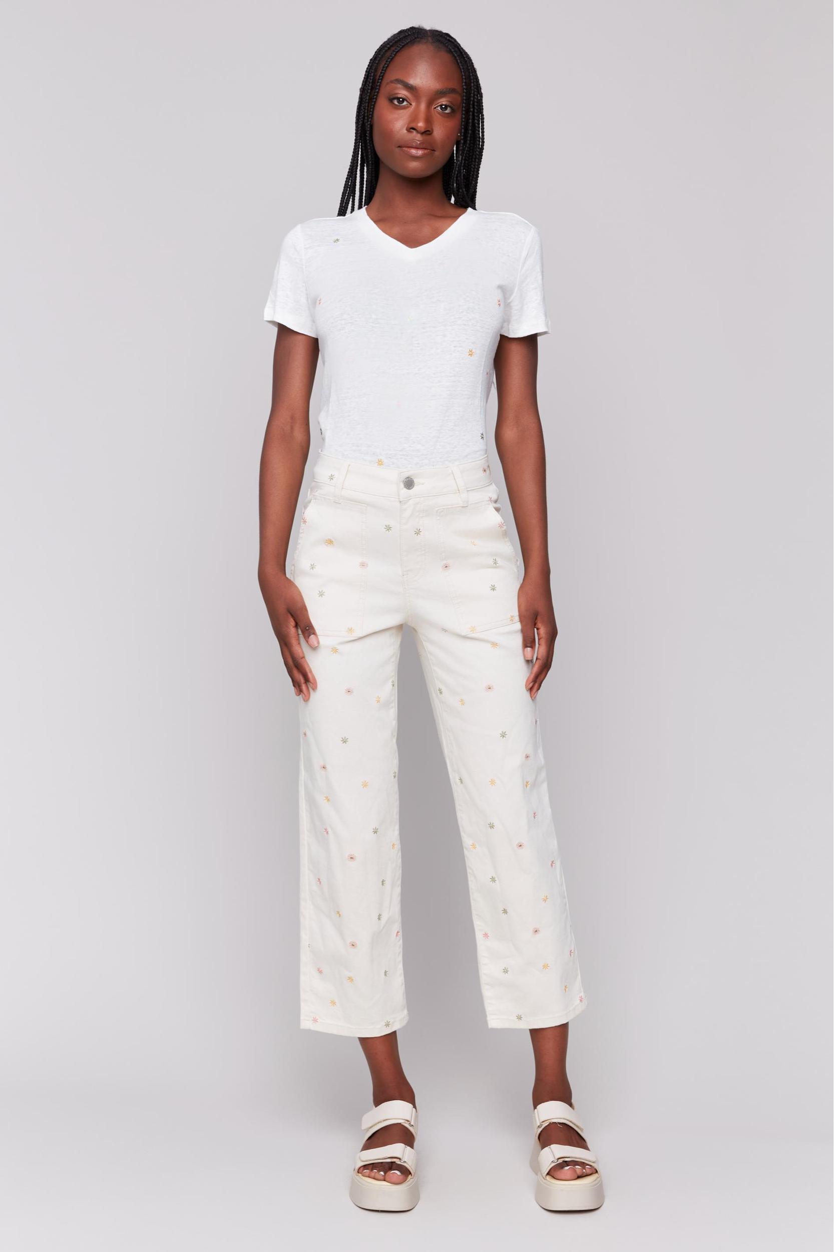 White Flower Embroidered Pocket Pant Product Image