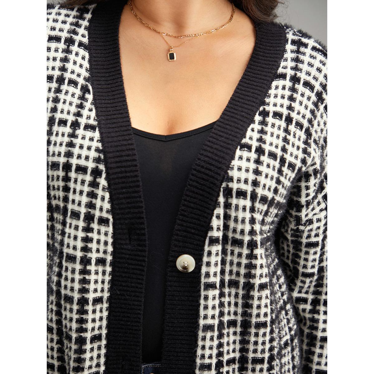 Plus Size Plaid Button Down Patched Pocket Cardigan Black Women Casual Loose Long Sleeve Dailywear Cardigans BloomChic 12/L Product Image