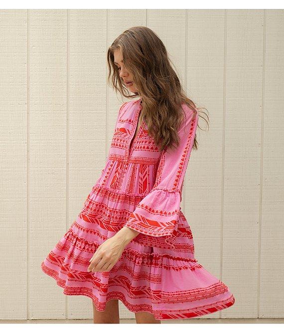 ELAN Arrow Geo Print Split V-Neck 3/4 Bell Sleeve Babydoll Dress Product Image