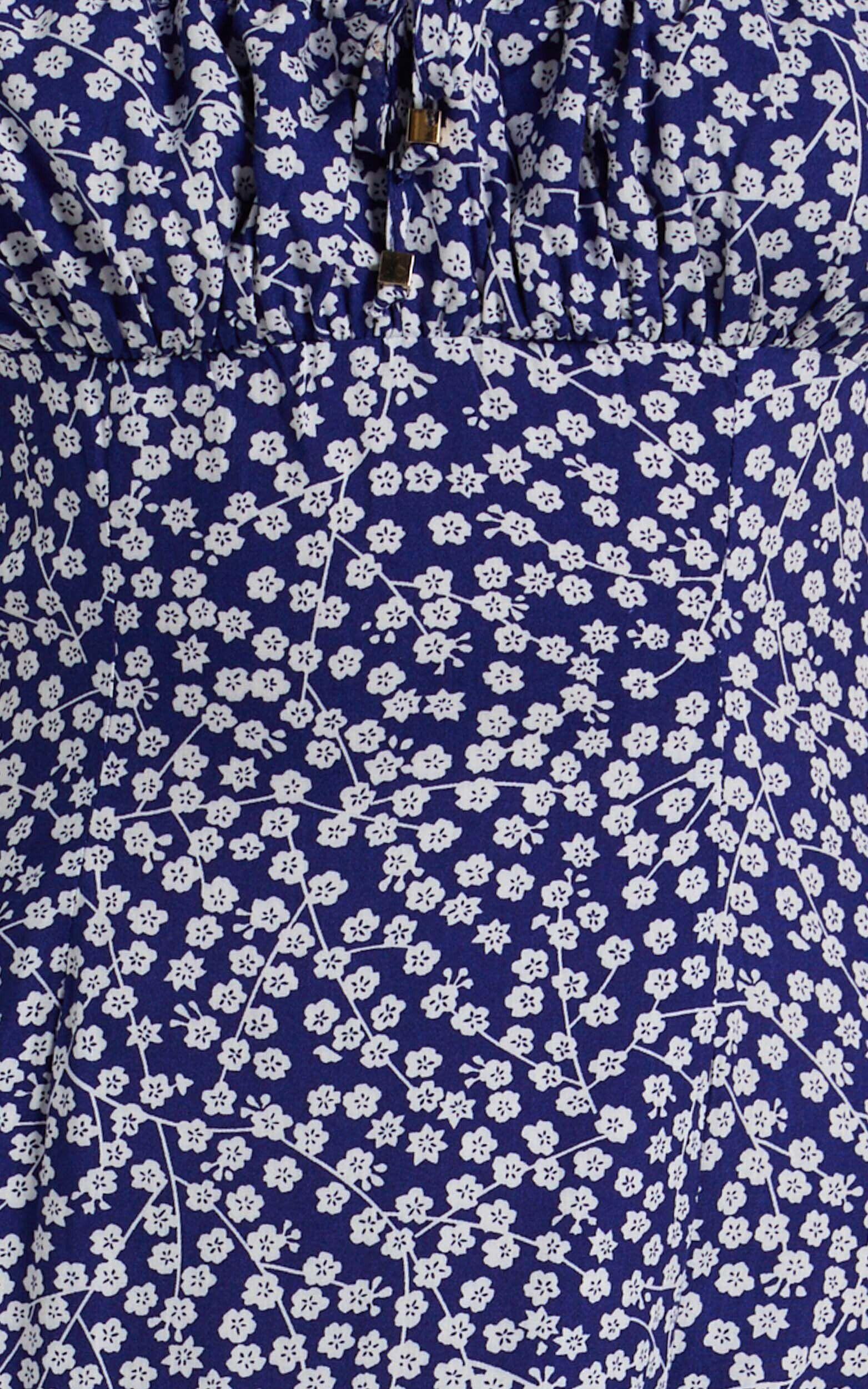 Willa Midi Dress - Ruched Bust Thigh Split Dress in Blue Floral Product Image