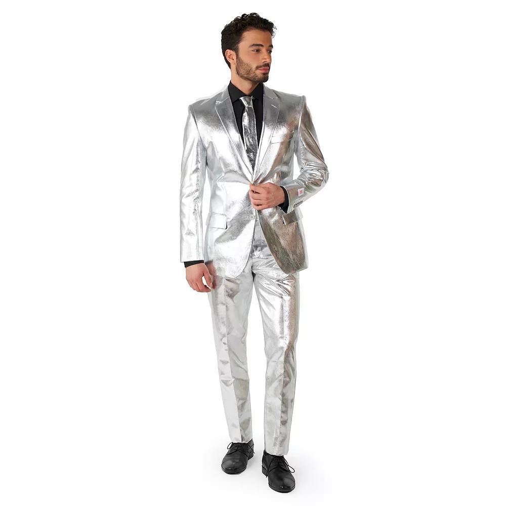 Men's OppoSuits Shiny Silver Slim-Fit Novelty Party Suit & Tie Set, Size: 44 - Regular, Silver Grey Product Image
