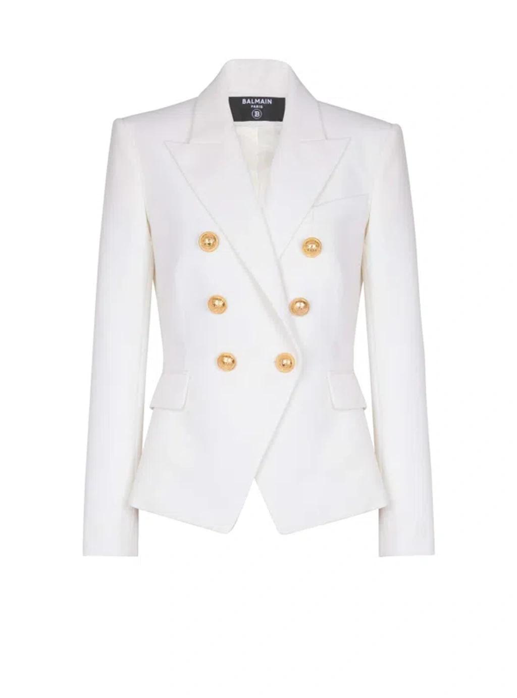 BALMAIN Double-breasted Structured Denim Blazer With Peak Lapel In White Product Image