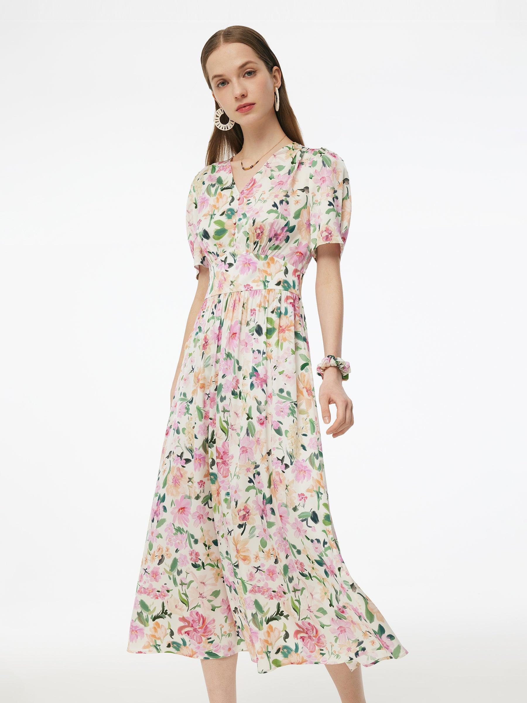 19MM Mulberry Silk Floral Print V-Neck Women Maxi Dress Product Image