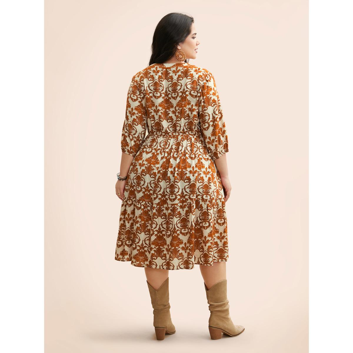 Plus Size Damask Print Tie Knot Puff Sleeve Dress Russet Women Resort Tie knot V-neck Elbow-length sleeve Curvy BloomChic 22-24/3X Product Image