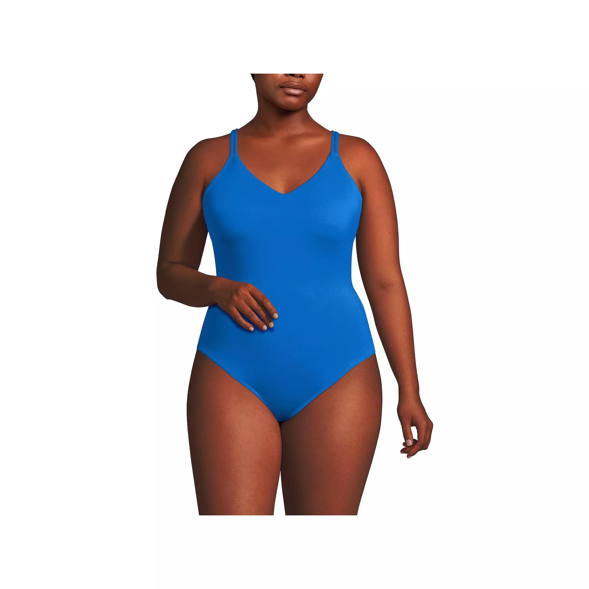 Plus Size Lands' End Tugless QuickDry V-Neck Multi-Way High Leg One Piece Swimsuit, Women's, Size: 16 W, Neon Orange Product Image