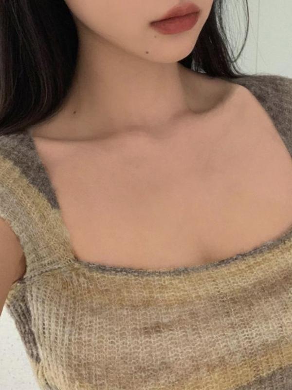 Contrast Color Stripped Square Neck Knit Top Product Image