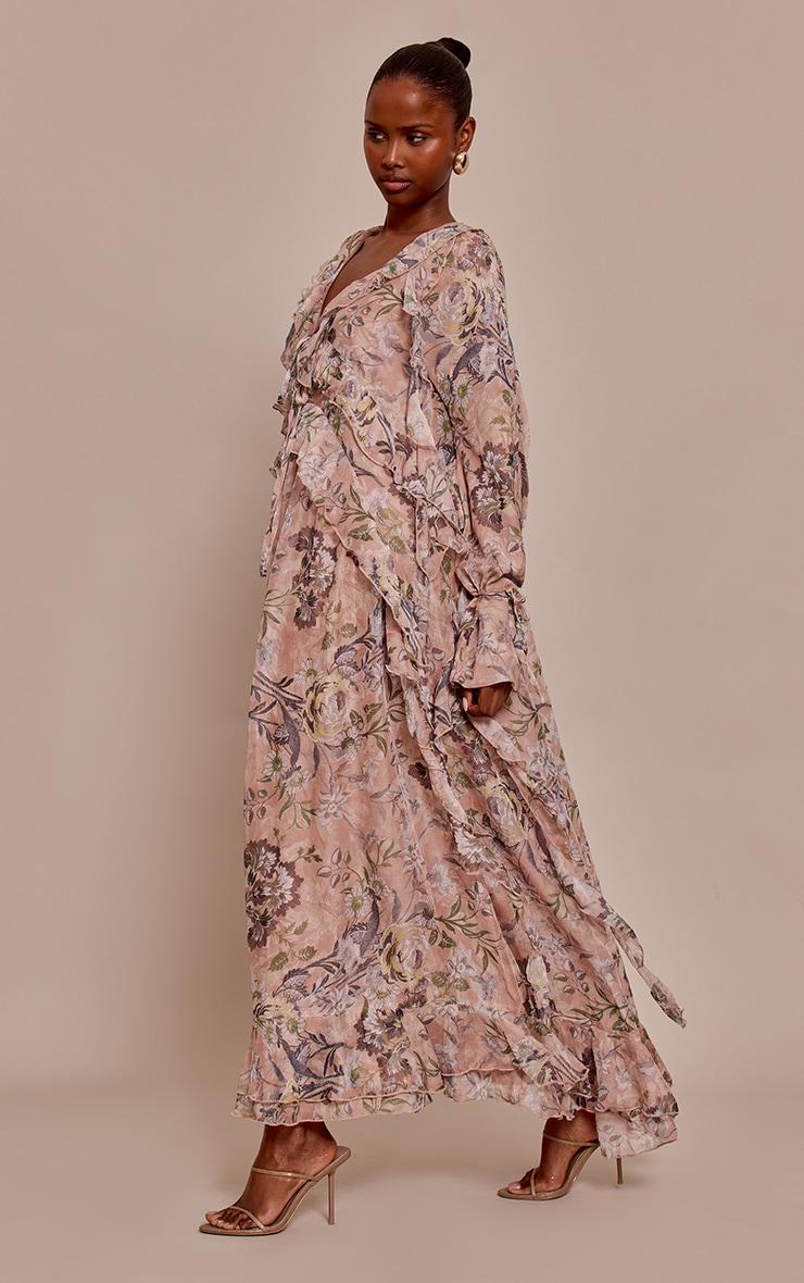 Blush Floral Printed Plunge Extreme Frill Maxi Dress Product Image