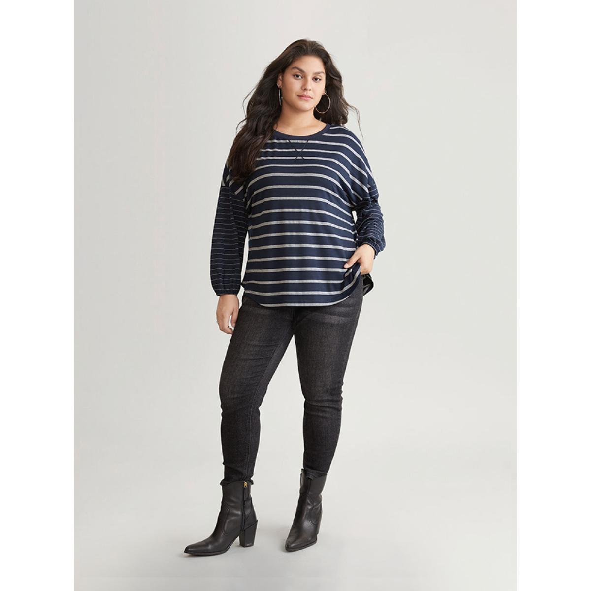 Plus Size Striped Patchwork Curved Hem Stitch T-shirt DarkBlue Women Casual Elastic cuffs Striped Round Neck Dailywear T-shirts BloomChic 18-20/2X Product Image