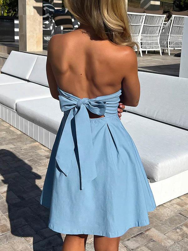 A-Line Loose Backless Pleated Solid Color Split-Joint Tied Tube Mini Dresses Product Image