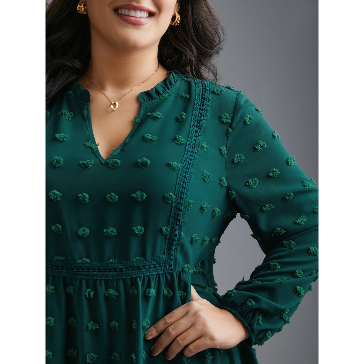Plus Size DarkGreen Notched Collar Ruffle Trim Textured Blouse Women Elegant Extra Long Sleeve V-neck Everyday Blouses BloomChic 22-24/3X Product Image