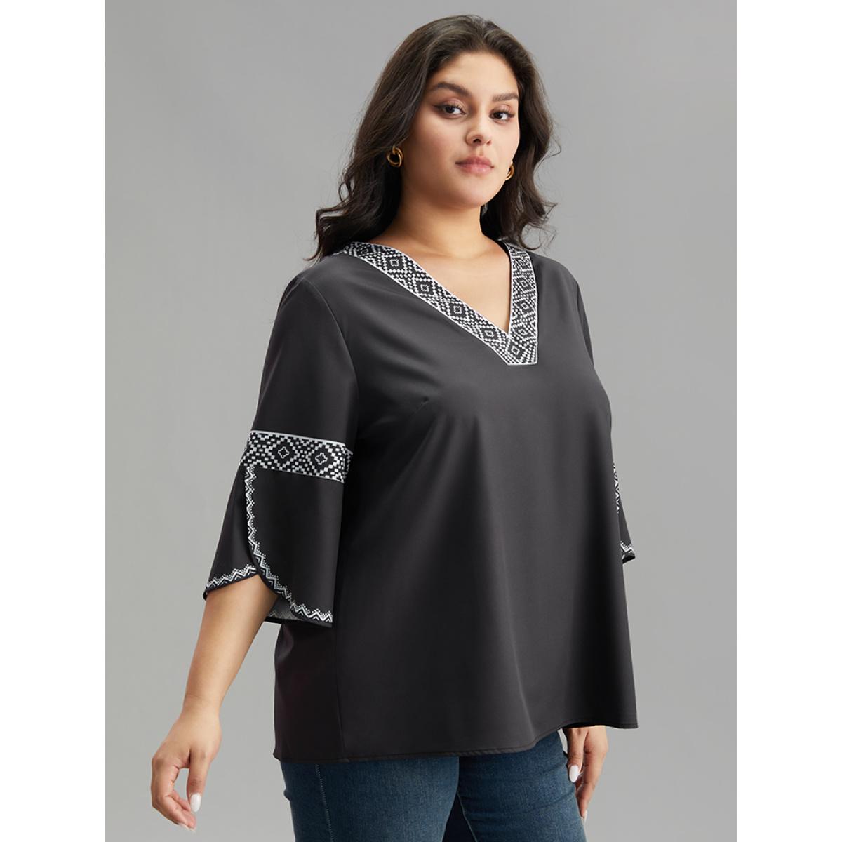 Plus Size Black Boho Print Patchwork V Neck Blouse Women Vacation Elbow-length sleeve V-neck Dailywear Blouses BloomChic 14-16/1X Product Image