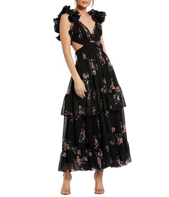 Mac Duggal V-neck Ruffle Shoulder Cut Out Tiered Hem Aline Midi Dress Product Image