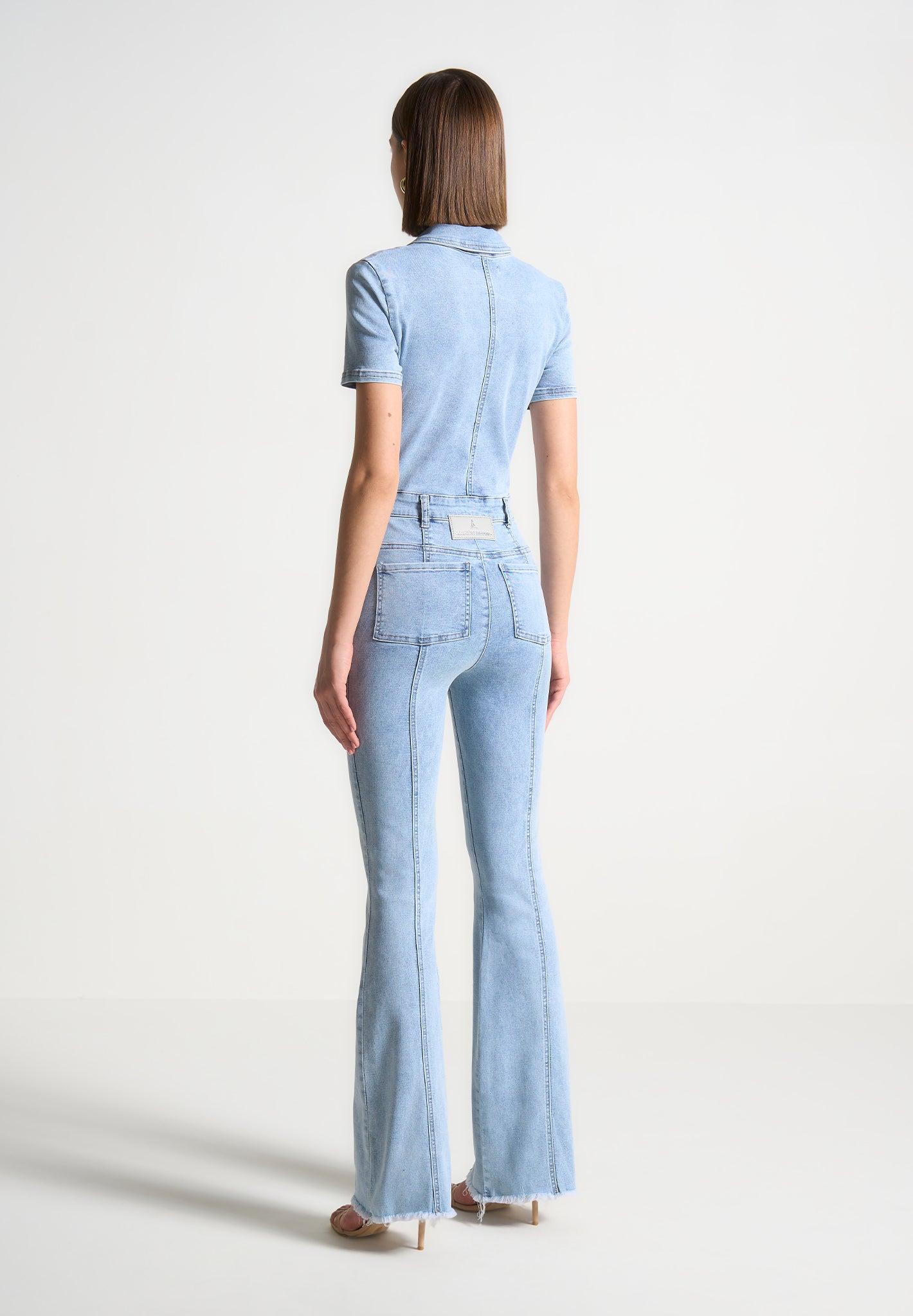 Violette - Mini Flared Denim Jumpsuit - Mid Blue Female Product Image