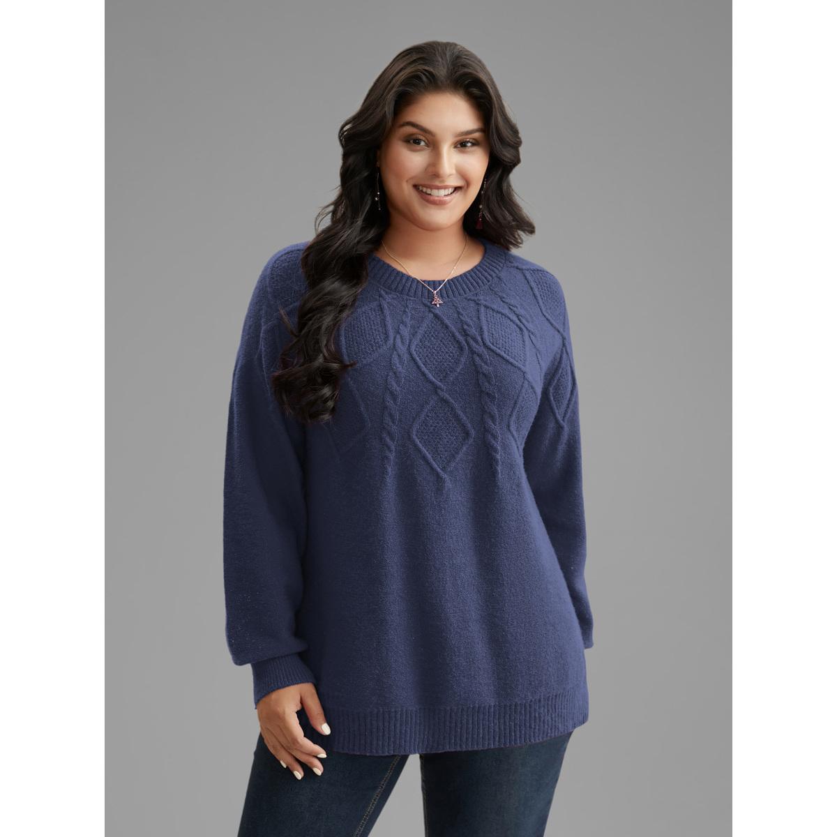 Plus Size Cable Knit Bodice Crew-Neck Pullover Brightred Women Leisure Loose Long Sleeve Round Neck Casual Pullovers BloomChic 22-24/3X Product Image