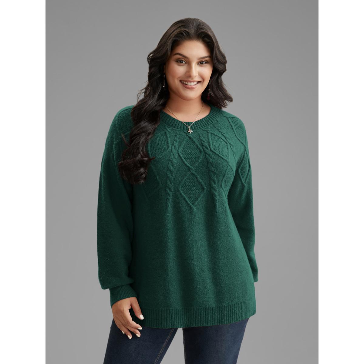 Plus Size Cable Knit Bodice Crew-Neck Pullover DarkGreen Women Leisure Loose Long Sleeve Round Neck Casual Pullovers BloomChic 26/4X Product Image