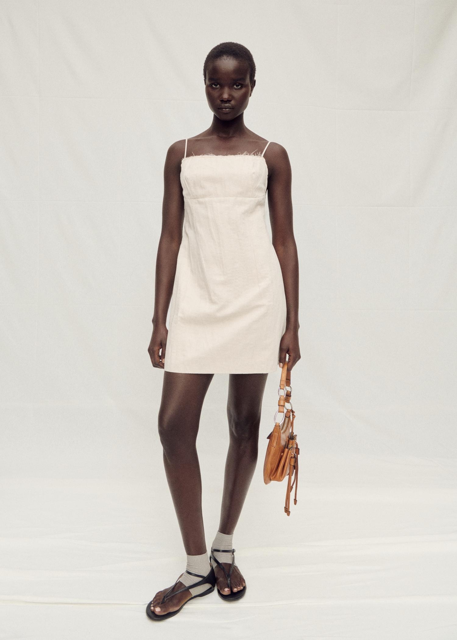 Cotton dress with frayed neckline - Women | MANGO USA Product Image