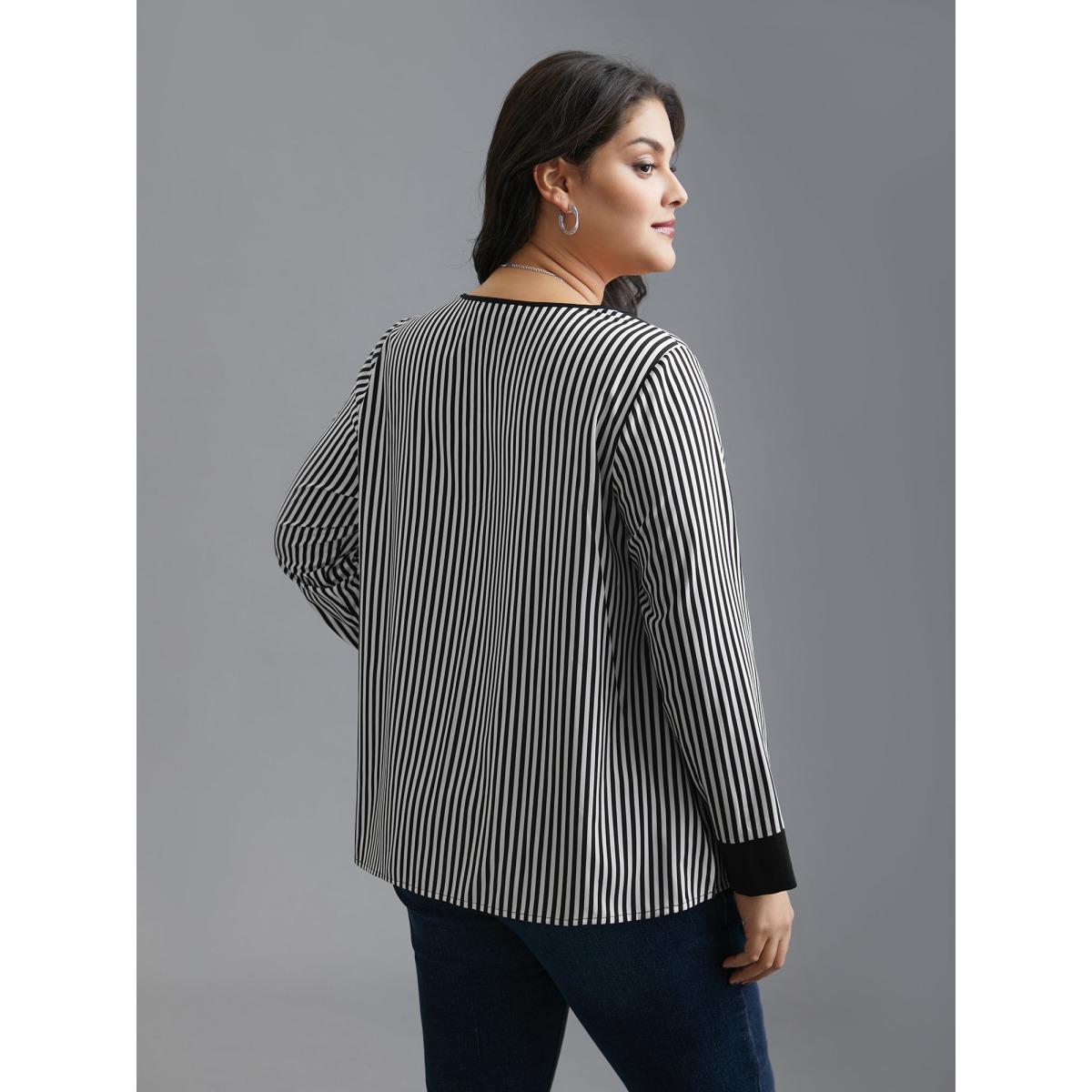 Plus Size Black V Neck Striped Patchwork Blouse Women At the Office Extra Long Sleeve V-neck Work Blouses BloomChic 10/M Product Image