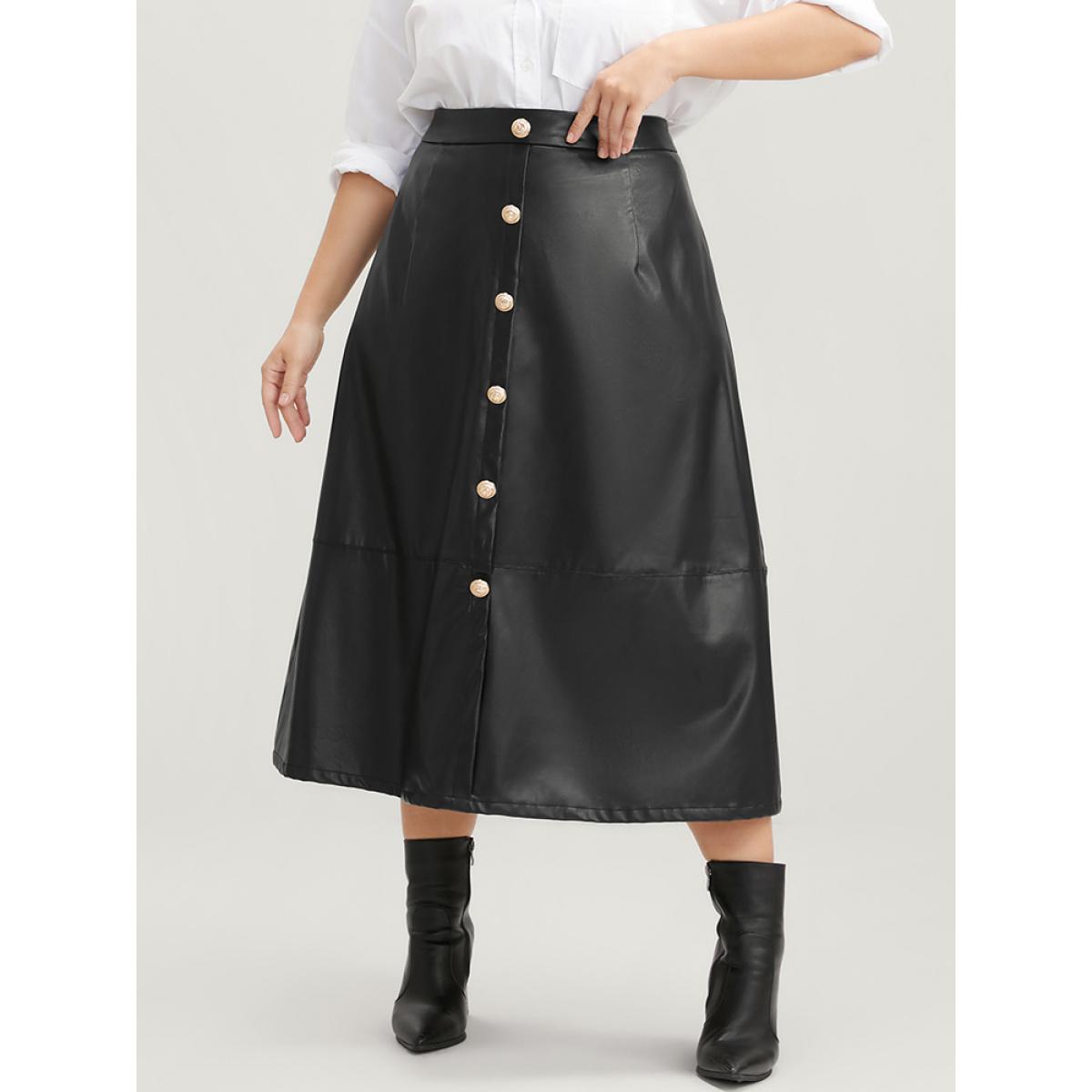 Plus Size PU Leather Button Detail Skirt Women Black Glamour Button Low stretch Going out Skirts BloomChic 26/4X Product Image