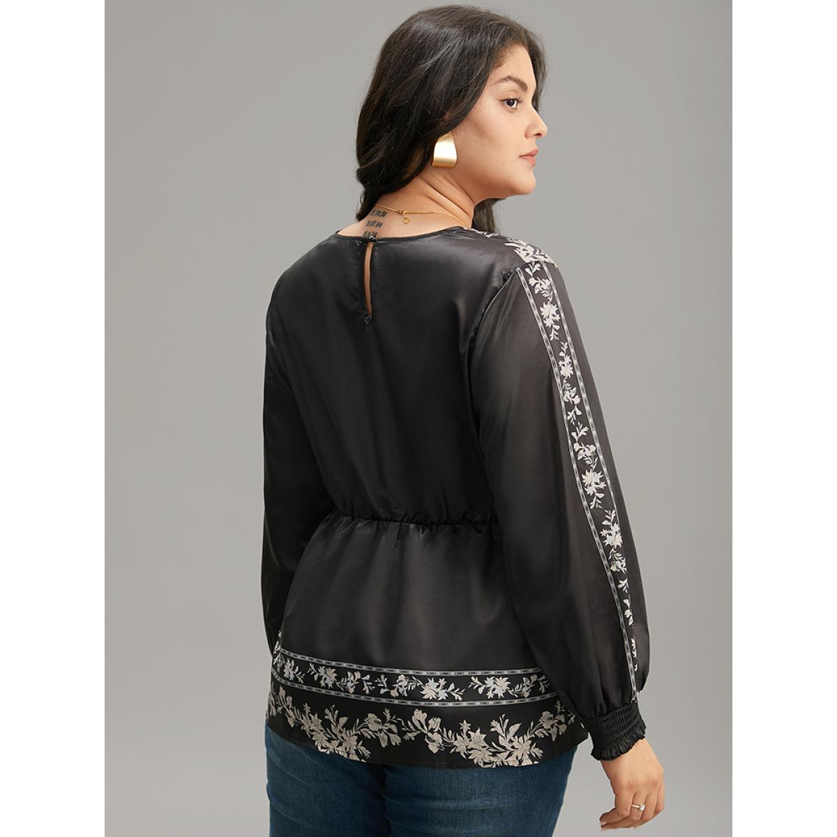 Plus Size BlackFlower Boho Print Shirred Lantern Sleeve Blouse Women Resort Long Sleeve V-neck Vacation Blouses BloomChic 12/L Product Image