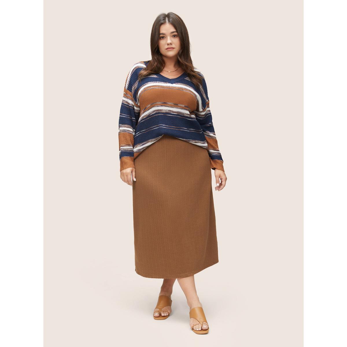 Plus Size Striped Colorblock Contrast Heather Patchwork Pullover Chocolate Women Casual Loose Long Sleeve V-neck Dailywear Pullovers BloomChic 12/L Product Image