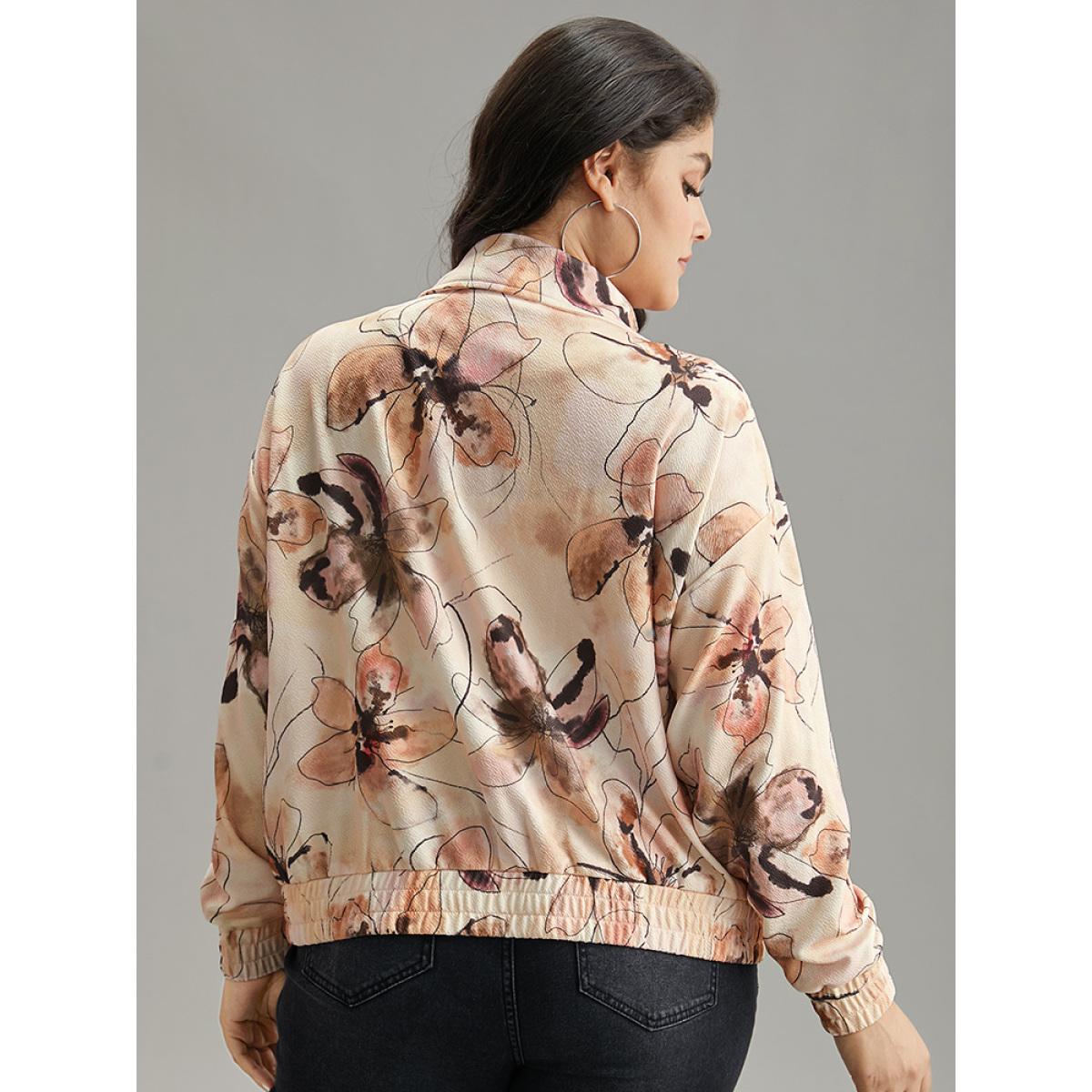 Plus Size Floral Zipper Gathered Elastic Cuffs Jacket Women Multicolor Elastic cuffs Pocket Dailywear Jackets BloomChic 22-24/3X Product Image