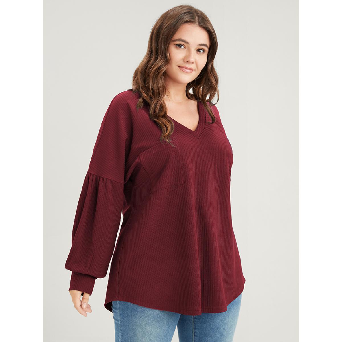Plus Size Solid Drop Shoulder Pocket Arc Hem Rib Knit Sweatshirt Women Burgundy Elegant Plain V-neck Dailywear Sweatshirts BloomChic 26/4X Product Image