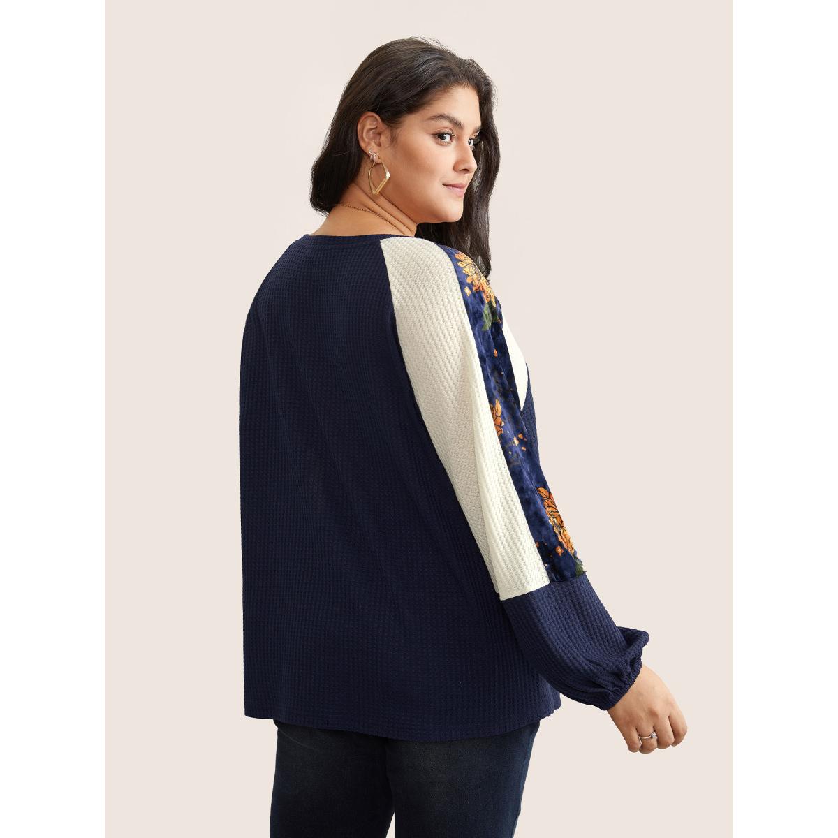 Plus Size Waffle Knit Patchwork Floral Print T-shirt Blue Women Casual Velvet Floral Round Neck Everyday T-shirts BloomChic 26/4X Product Image