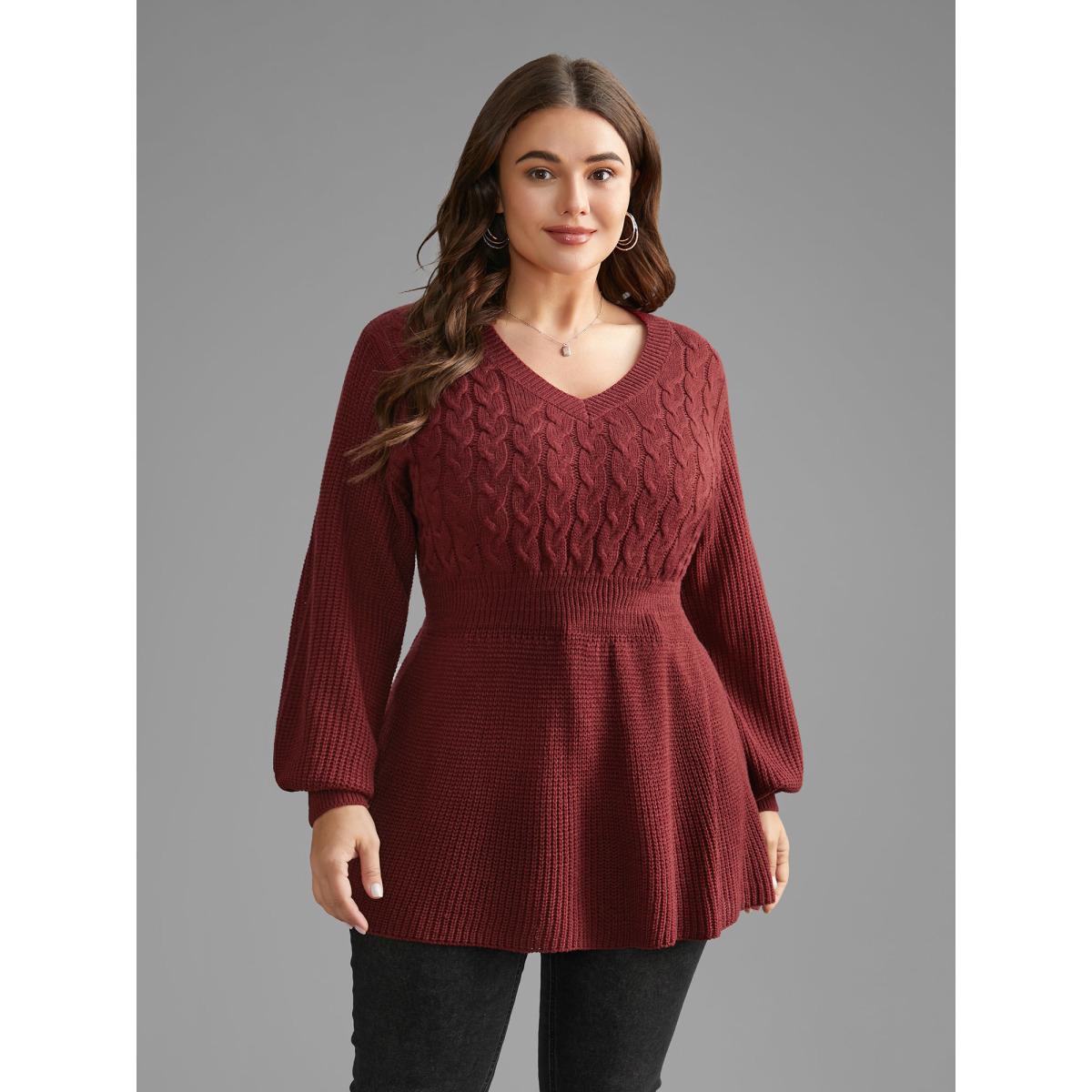 Plus Size V Neck Texture Cable Knit Pullover Burgundy Women Timeless Bodycon Long Sleeve V-neck Elegant Pullovers BloomChic 18-20/2X Product Image