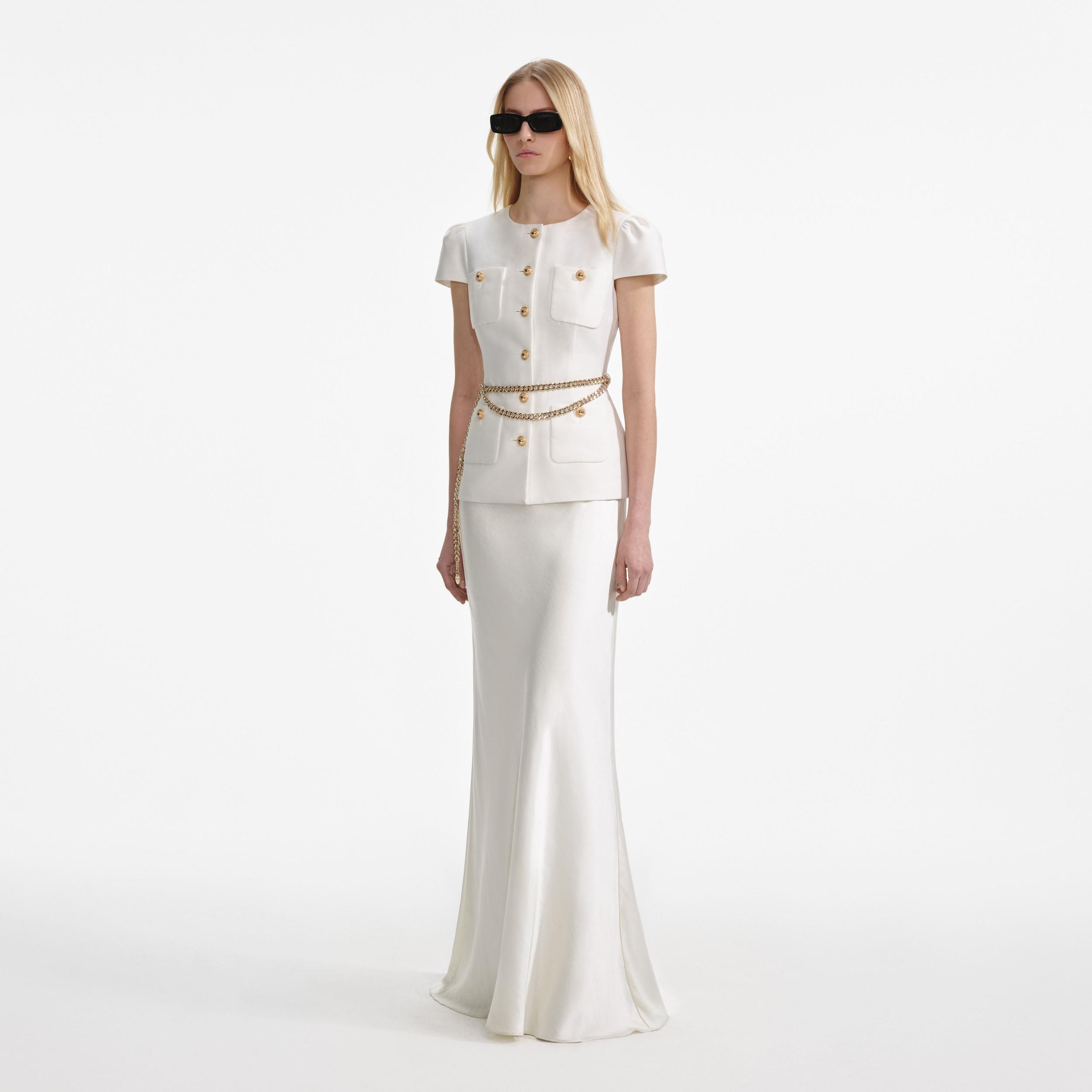 Cream Taffeta Chain Belt Maxi Dress Product Image