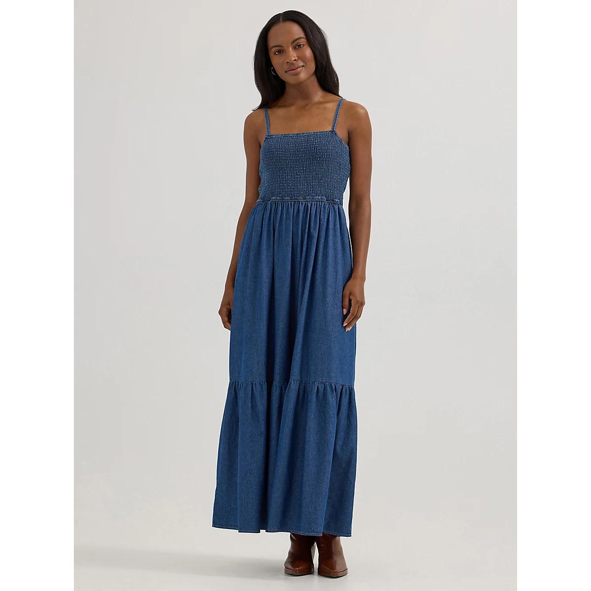 Women's Smocked Bodice Denim Maxi Dress in Midnight Product Image