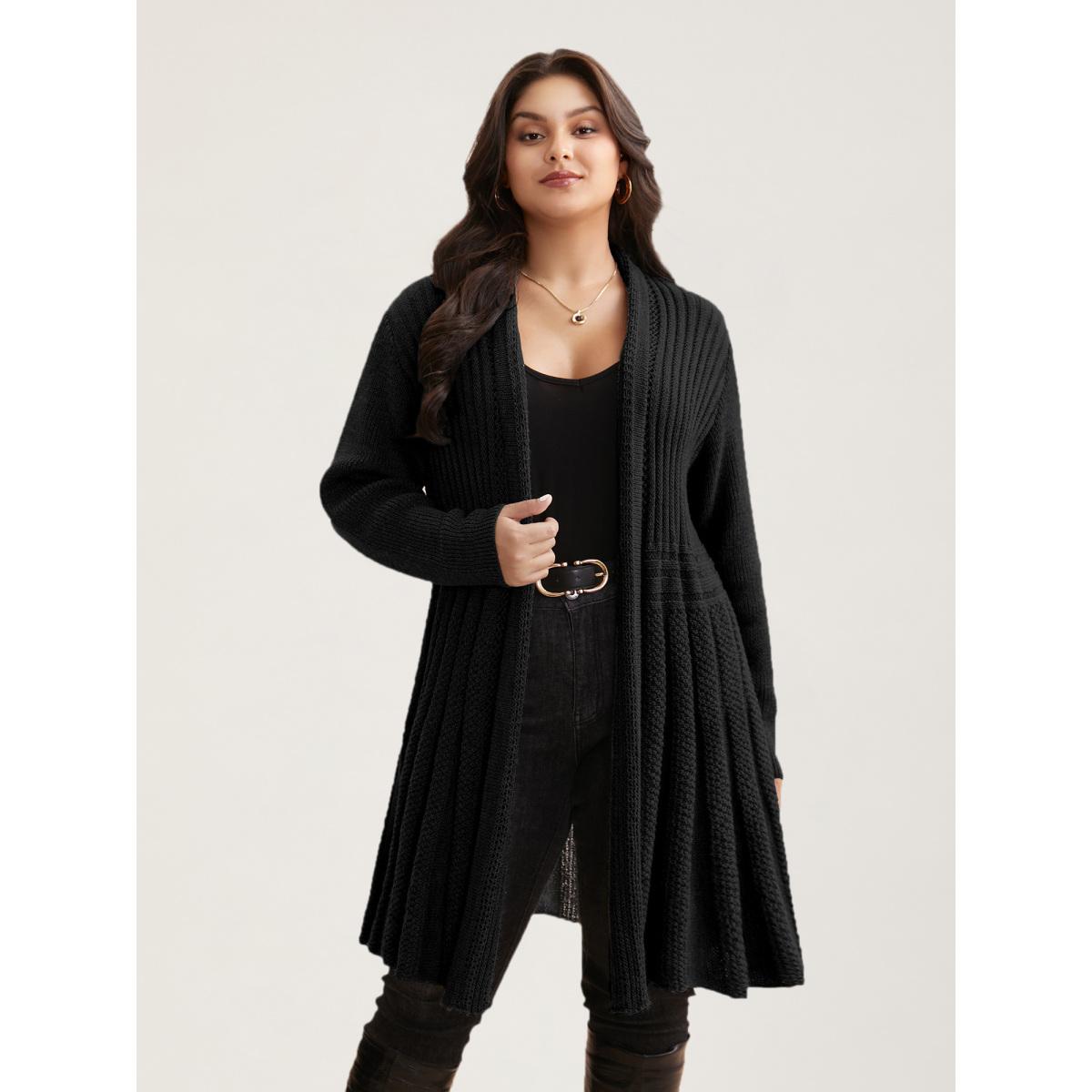 Plus Size Plain Textured Kimono Collar Cardigan Black Women Timeless Loose Long Sleeve Elegant Cardigans BloomChic 28/5X Product Image