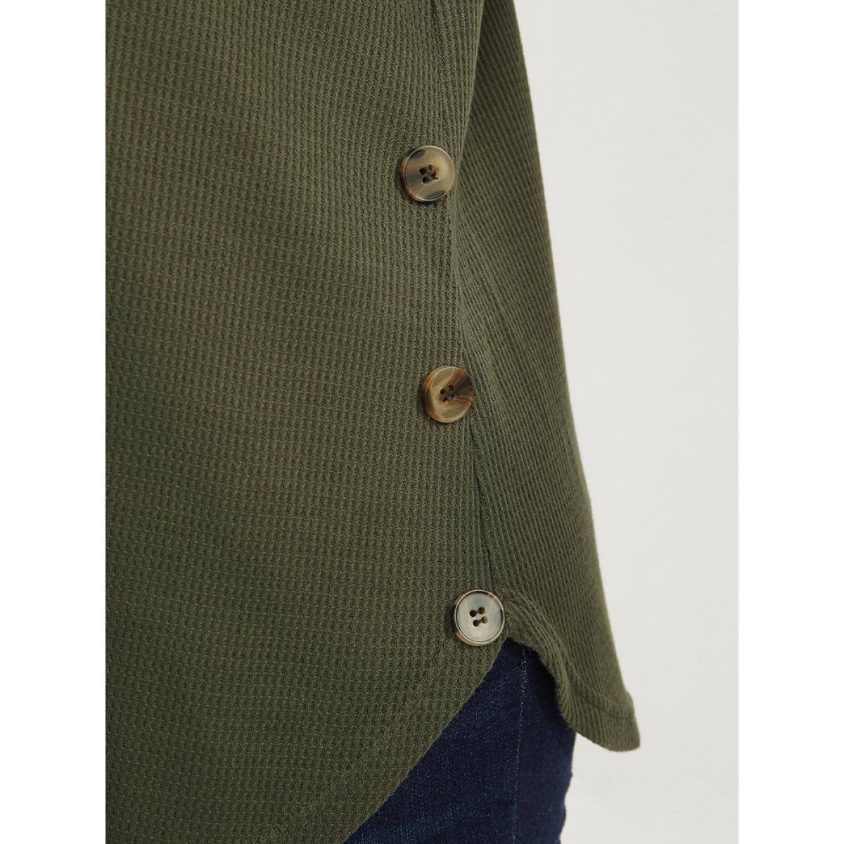 Plus Size Plain Round Neck Button Detail Waffle Knit Tee ArmyGreen Women Casual Button Plain Round Neck Dailywear T-shirts BloomChic 14-16/1X Product Image