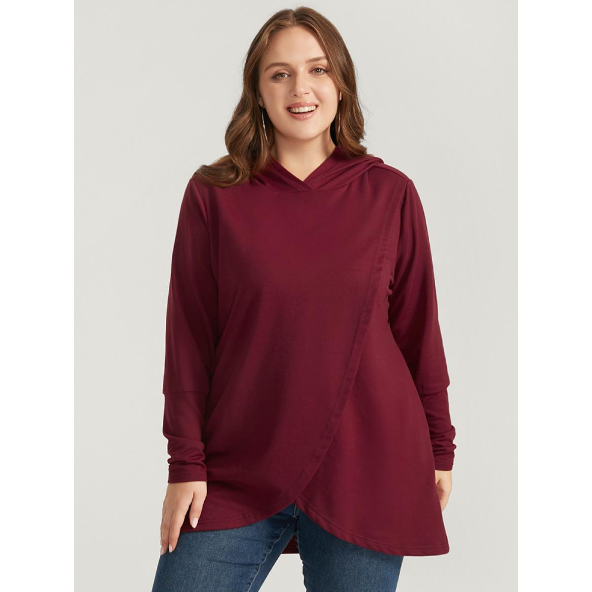 Plus Size Solid Pocket High Low Hem Hooded Sweatshirt Women Burgundy Casual Pocket Hooded Dailywear Sweatshirts BloomChic 18-20/2X Product Image