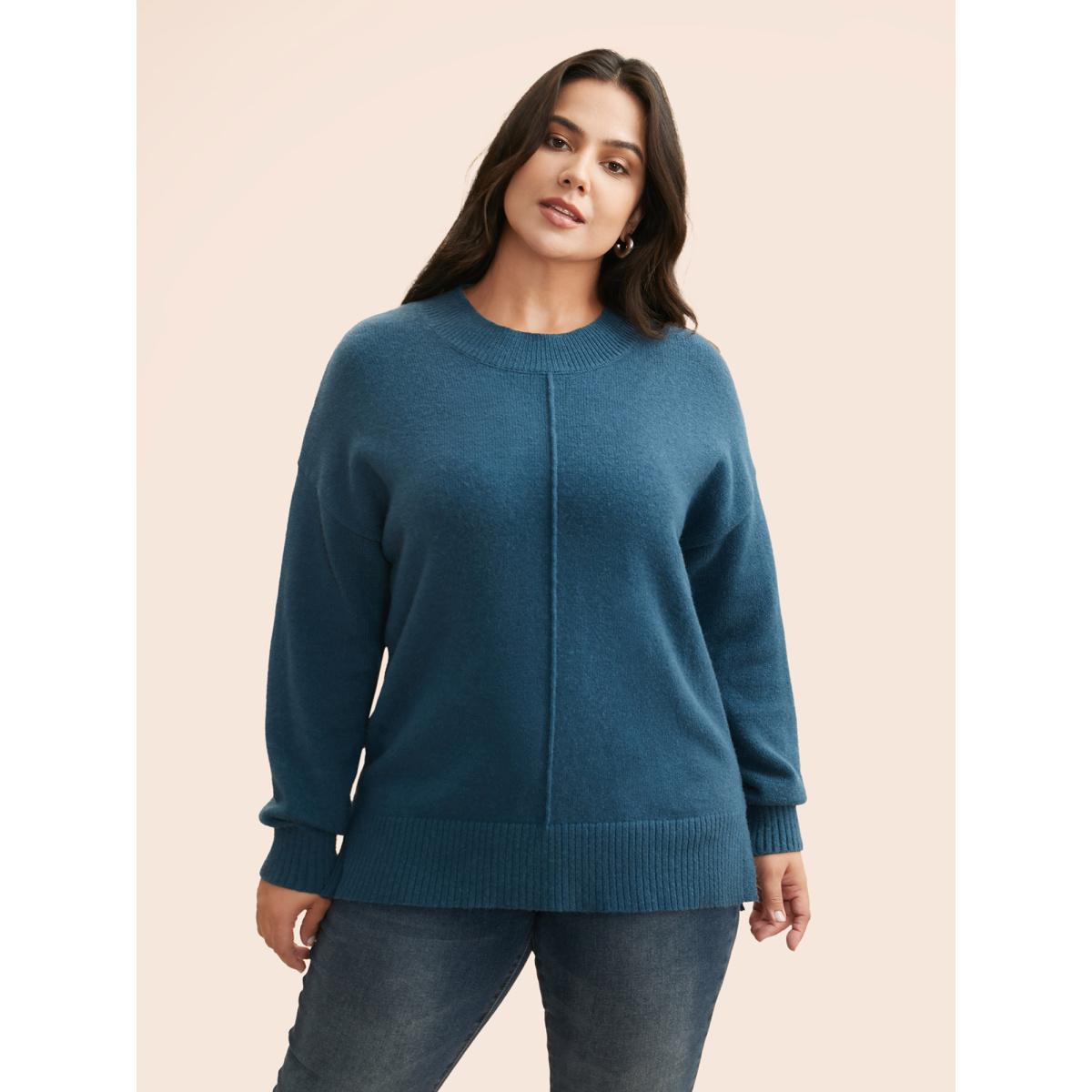 Plus Size Supersoft Essentials Split Wool Pullover Indigo Women Casual Loose Long Sleeve Round Neck Everyday Pullovers BloomChic 26/4X Product Image