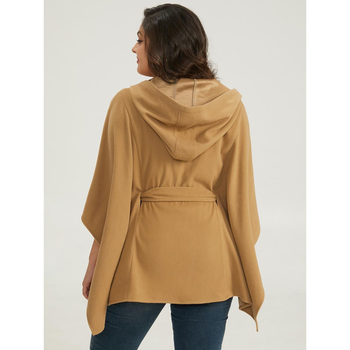 Plus Size Solid Hooded Belted Batwing Sleeve Jacket Women Chocolate Casual Plain Ladies Dailywear Winter Coats BloomChic 22-24/3X Product Image