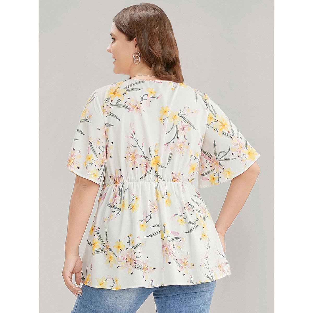 Plus Size Ivory Floral Print V Neck Ruffle Sleeve Blouse Women Elegant Short sleeve V-neck Dailywear Blouses BloomChic 22-24/3X Product Image