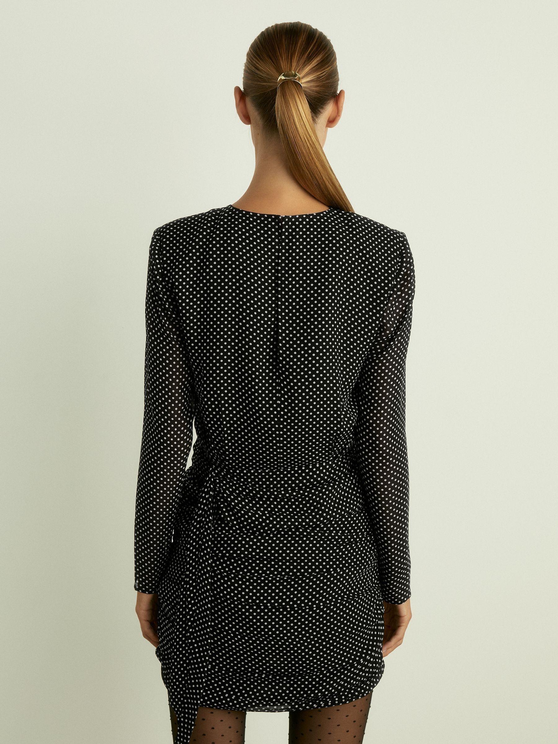 Gathered Polka-Dot Georgette Mini Dress in Black Product Image