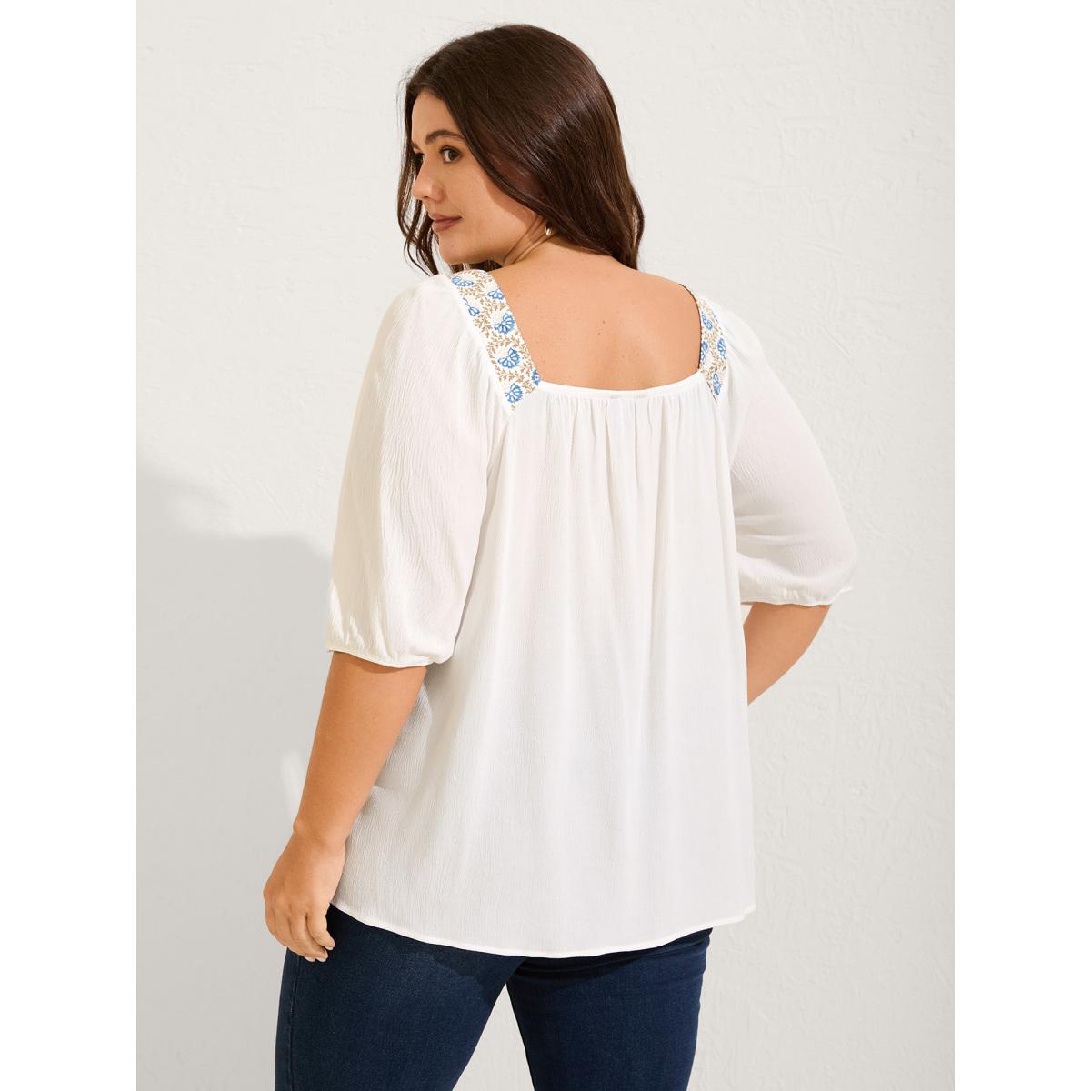 Plus Size Originalwhite Boho Spliced Neck Pleated Plain Blouse Women Elbow-length sleeve Square Neck Vacation Blouses BloomChic 28/5X Product Image