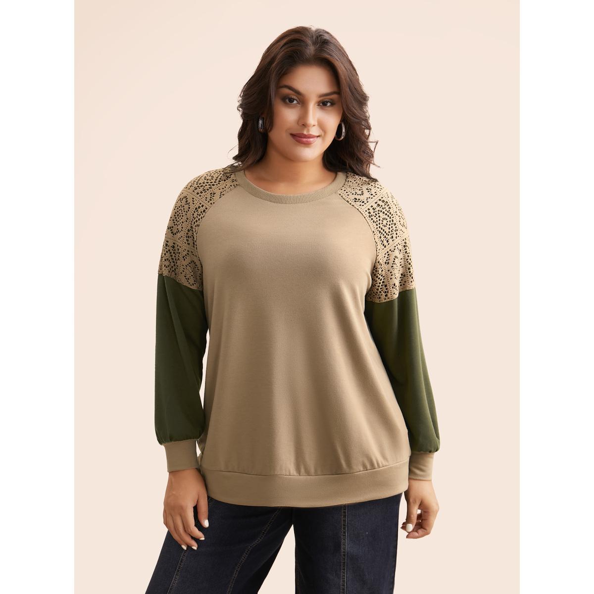 Plus Size Lace Patchwork Contrast Raglan Sleeve Sweatshirt Women Tan Casual Contrast Round Neck Everyday Sweatshirts BloomChic 12/L Product Image