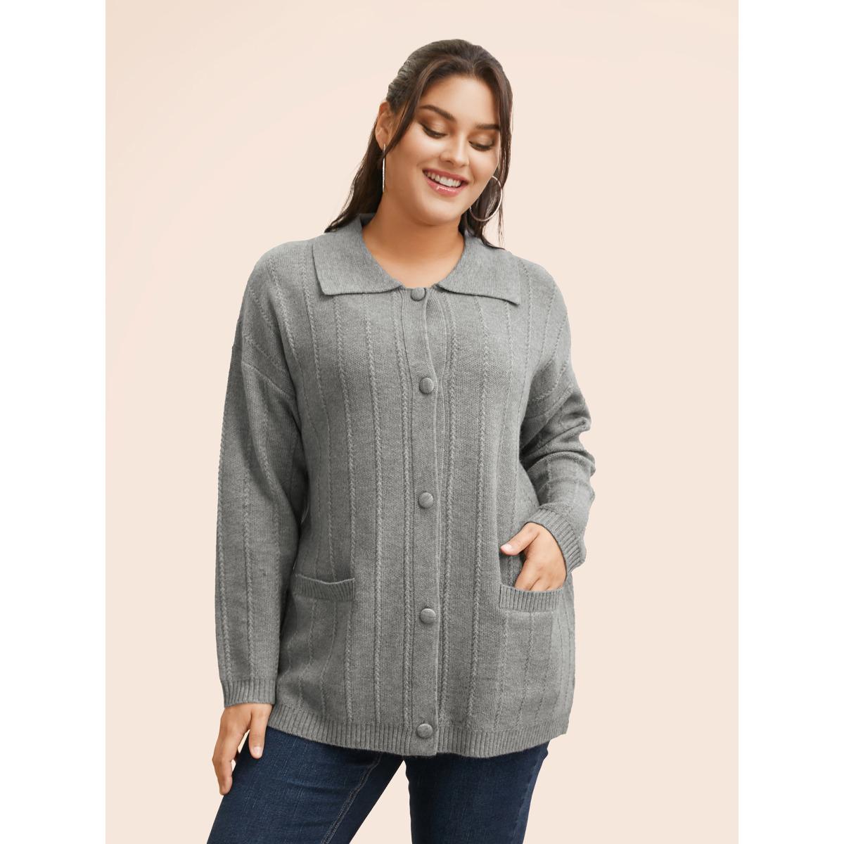 Plus Size Plain Textured Polo Neck Pocket Cardigan Mediumgray Women Casual Loose Long Sleeve Everyday Cardigans BloomChic 14-16/1X Product Image
