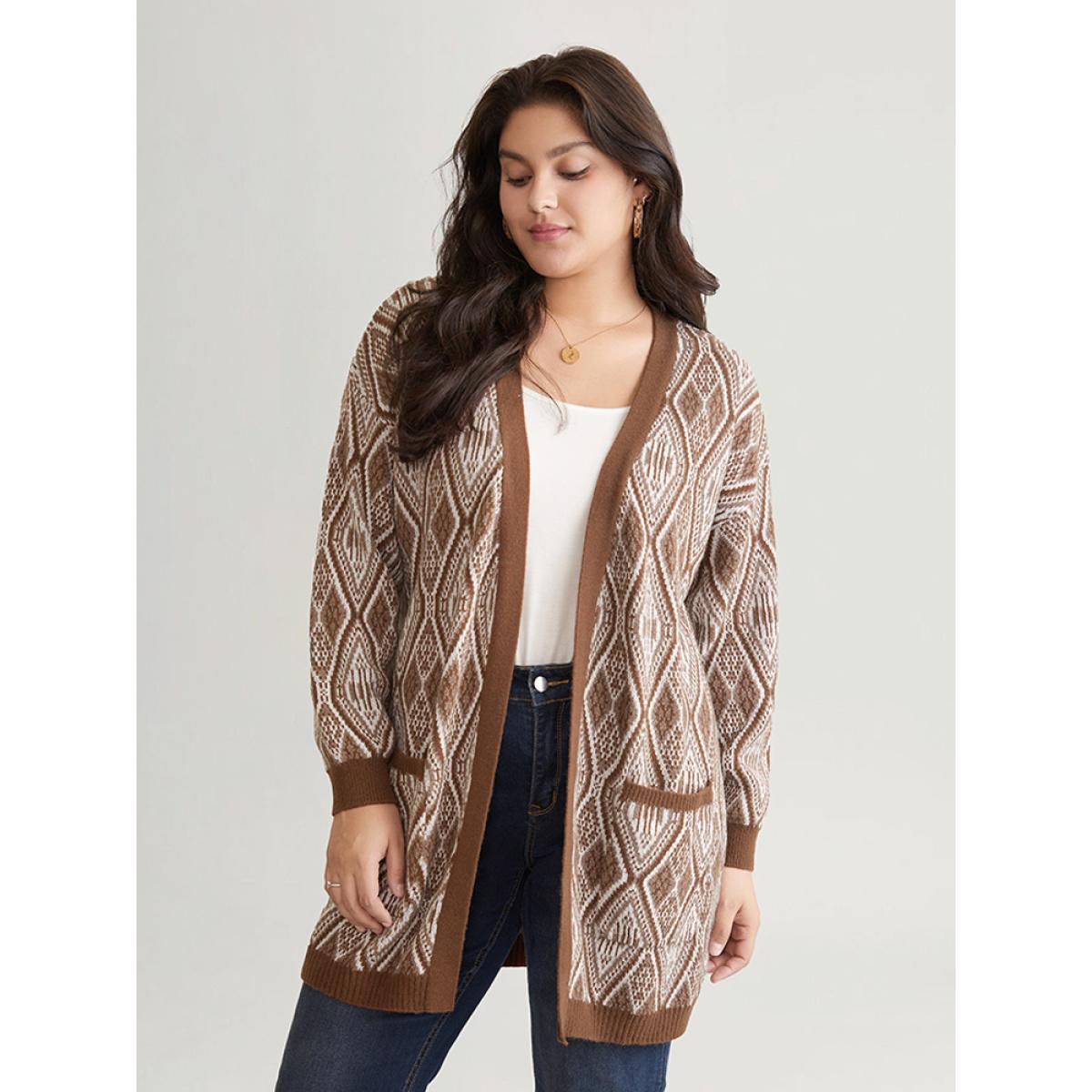 Plus Size Geometric Graphic Patched Pocket Jacquard Cardigan DarkBrown Women Casual Loose Long Sleeve Dailywear Cardigans BloomChic 22-24/3X Product Image