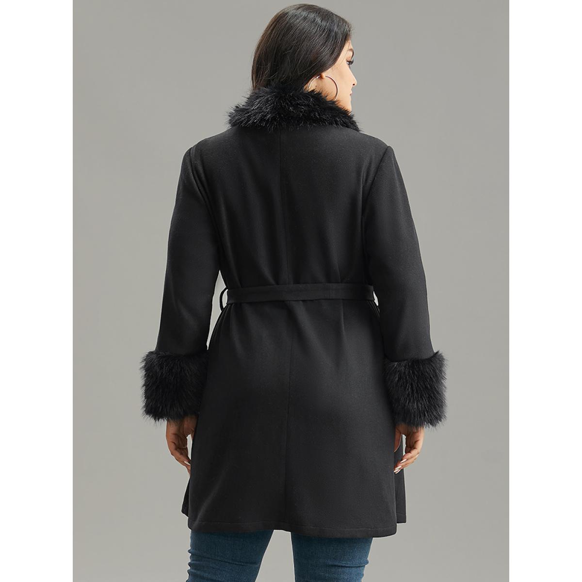 Plus Size Solid Fuzzy Trim Button Through Belted Coat Women Black Casual Plain Ladies Dailywear Winter Coats BloomChic 10/M Product Image