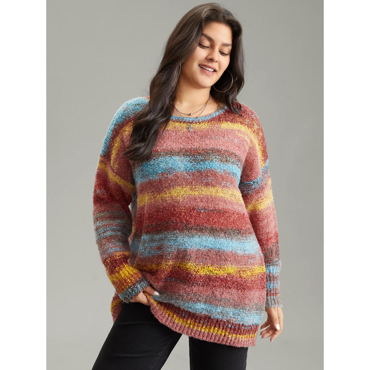 Plus Size Heather Colorblock Contrast Drop Shoulder Pullover Russet Women Casual Loose Long Sleeve Round Neck Everyday Pullovers BloomChic 30/6X Product Image