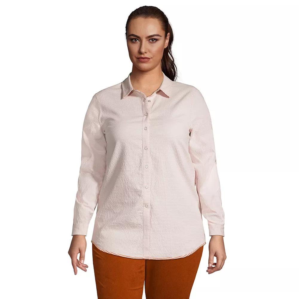 Plus Size Lands' End Reversible Boyfriend Fit Long Sleeve Tunic Top, Women's, Size: 1XL, Soft Tea Pink Stripe Product Image