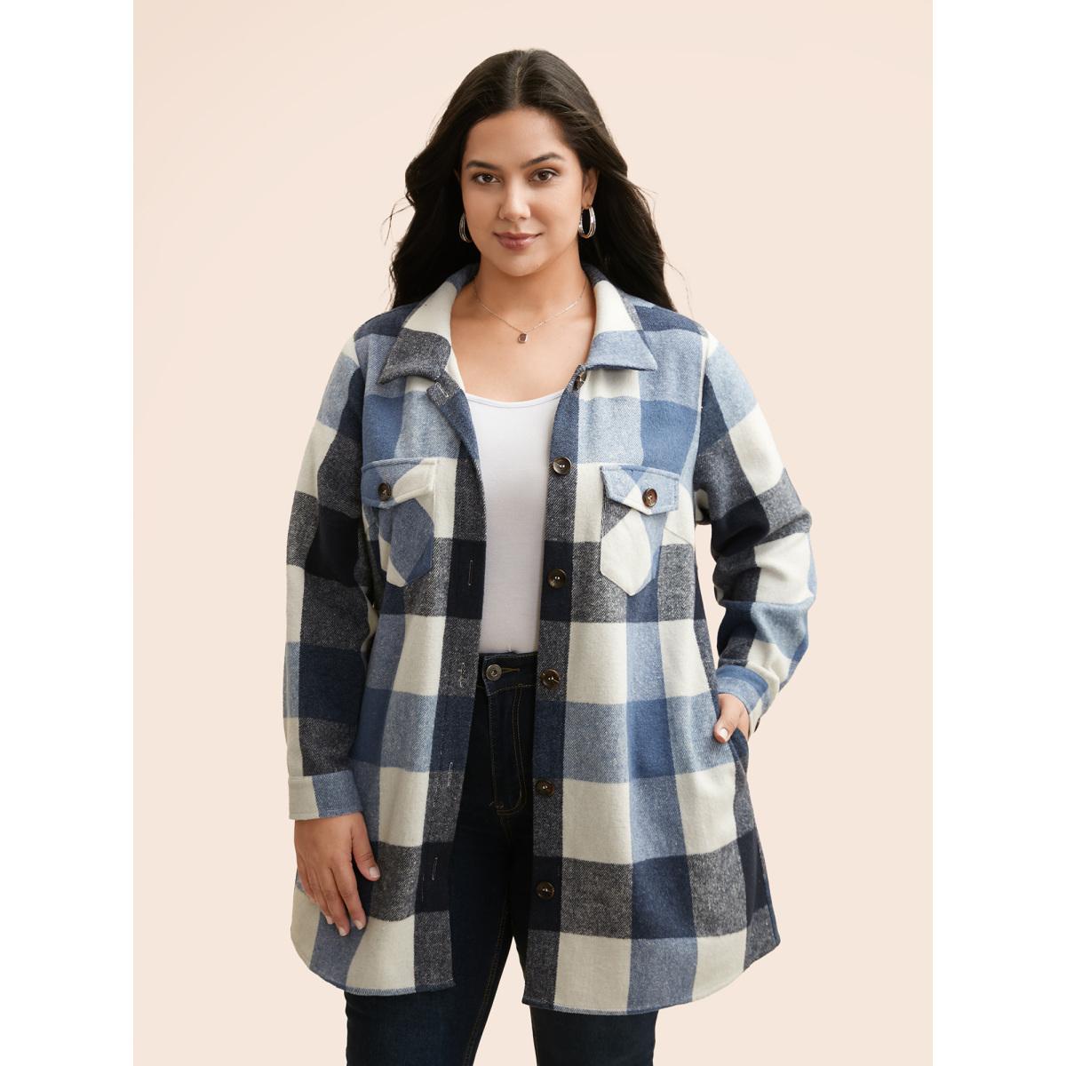 Plus Size Plaid Chest Pockets Long Jacket Women LightBlue Button Loose Side seam pocket Casual Jackets BloomChic 22-24/3X Product Image