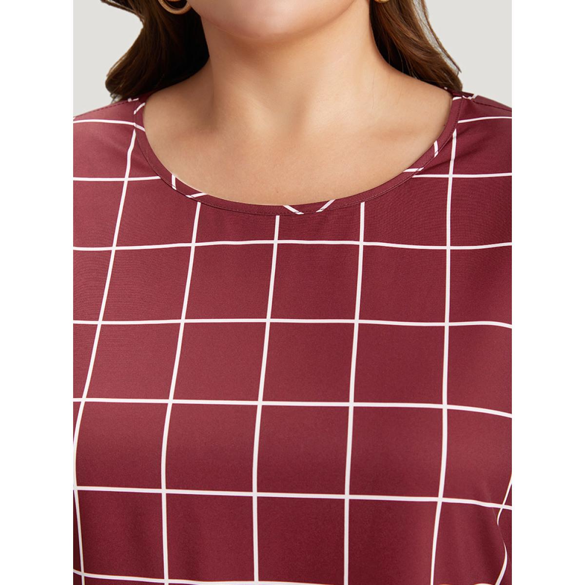 Plus Size Burgundy Plaid Frill Trim Bell Sleeve Flutter Hem Blouse Women Elegant Half Sleeve Round Neck Dailywear Blouses BloomChic 22-24/3X Product Image