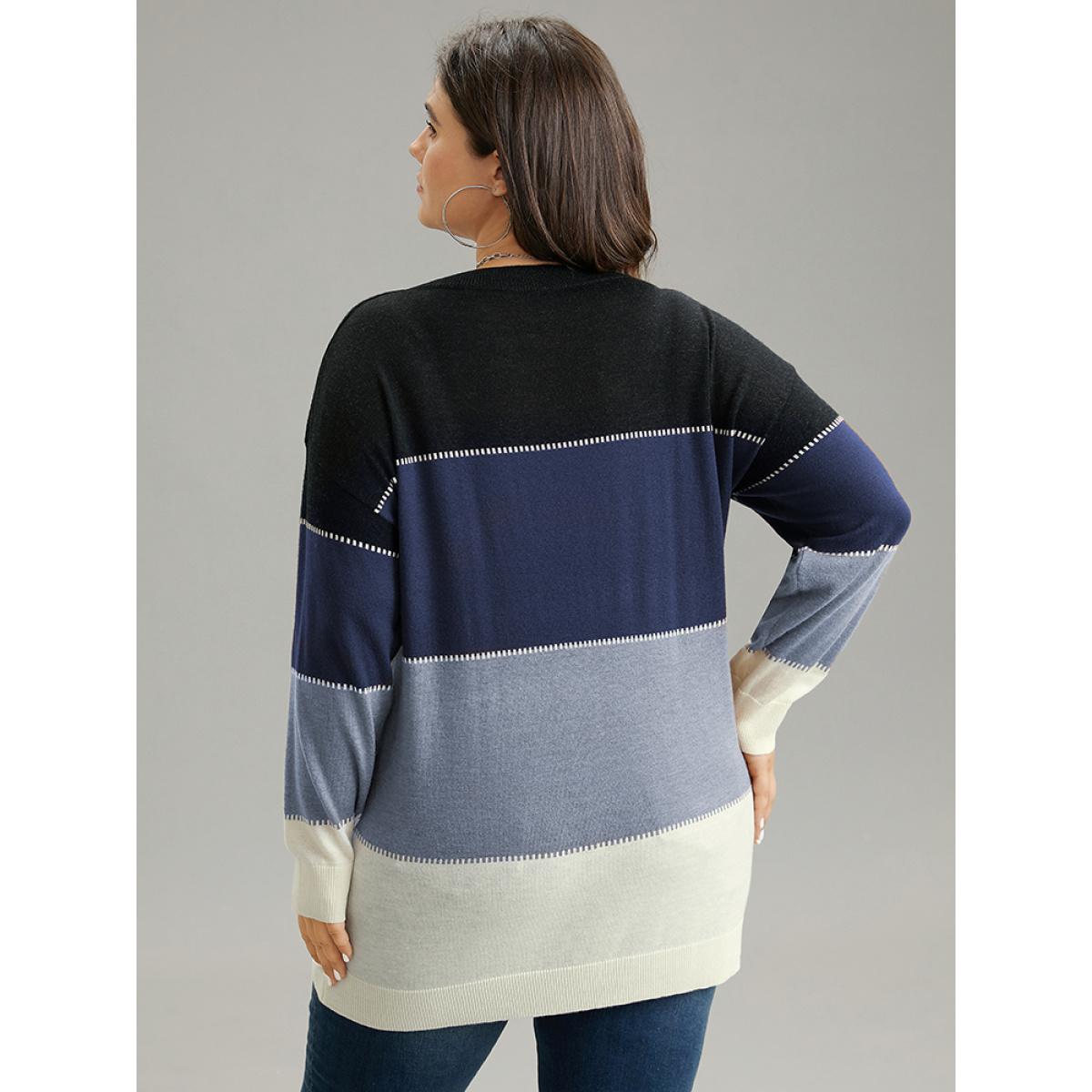 Plus Size Supersoft Essentials Colorblock Contrast Round Neck Pullover Indigo Women Casual Loose Long Sleeve Round Neck Everyday Pullovers BloomChic 30/6X Product Image