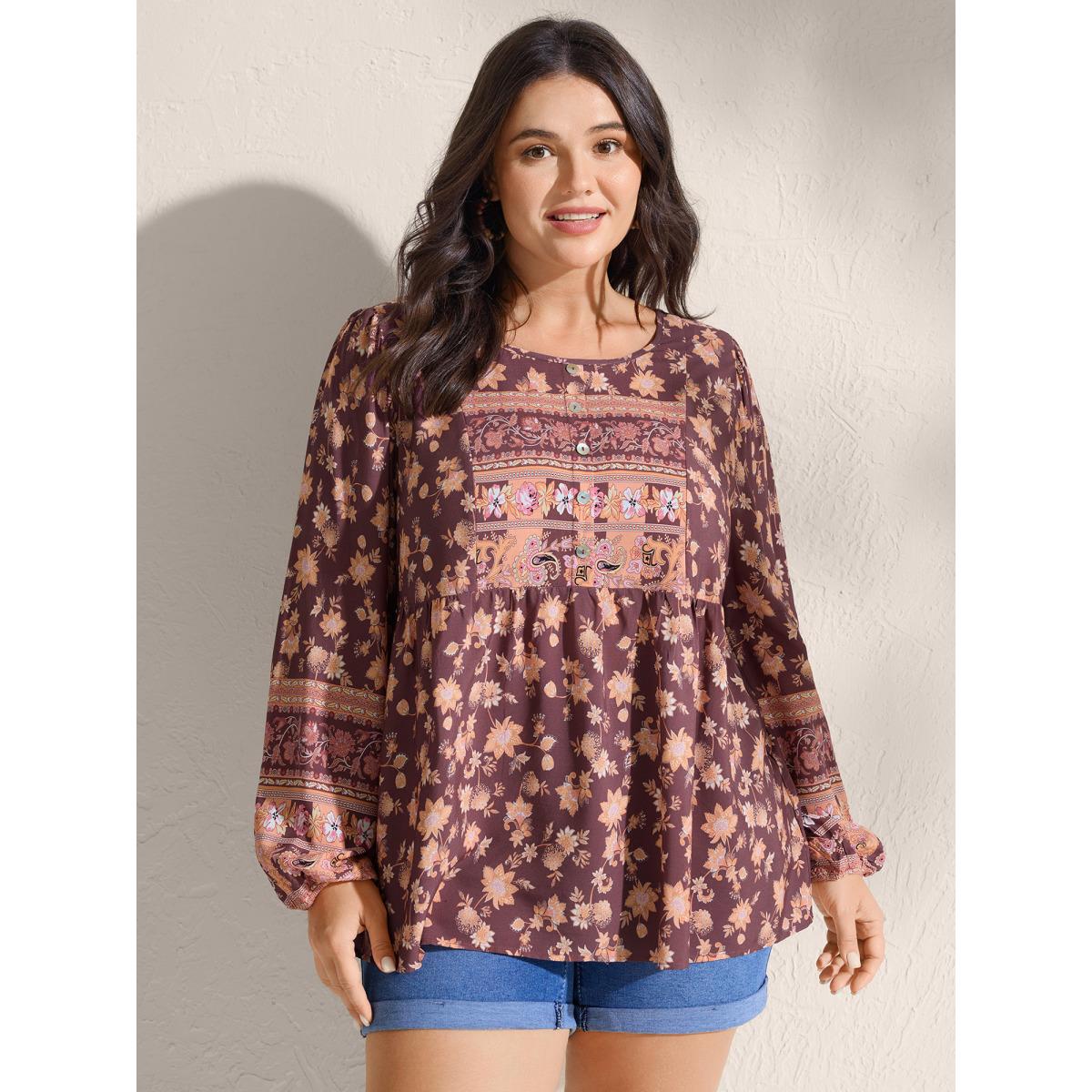 Plus Size Browncoffeecolor Floral Mixed Print Puffy Sleeve Blouse Women Boho Long Sleeve Round Neck Vacation Blouses BloomChic 28/5X Product Image